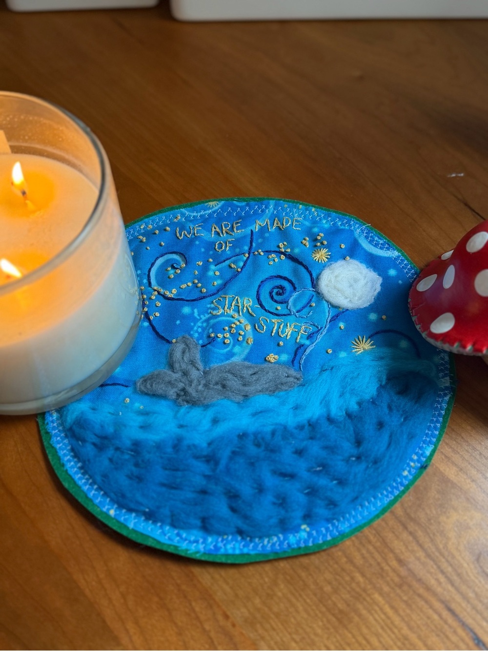Hand-Embroidered Blue Candle Mat - Picture 2 of 5